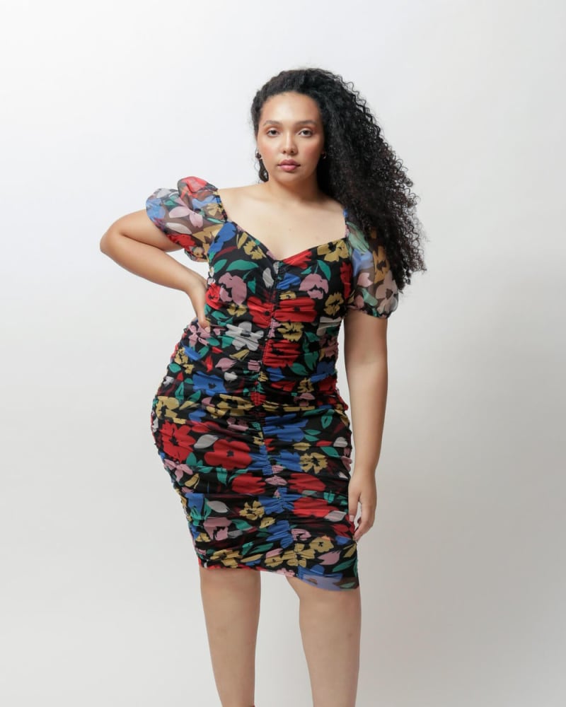 Front of a model wearing a size L Frankie Ruched Puff-Sleeve Dress in Evening Floral by LuvMeMore. | dia_product_style_image_id:266650